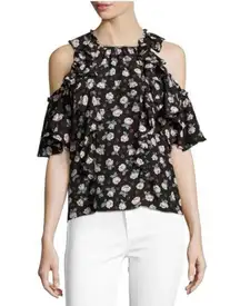 REBECCA TAYLOR Rosalie Cold Shoulder Ruffled Top, Black Multi Floral