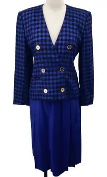 Vintage 80s Skirt Suit Set Gingham Plaid Blazer Gold Buttons Cobalt Blue Black 8