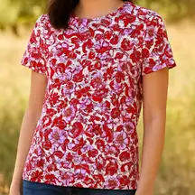 Trina Turk Pink and Red Floral Serilda Short Sleeve Blouse Size Small NWOT