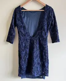 Zara Trafaluc Blue with‎ Silver Pattern Midi Dress Low Back Cutout Womens…