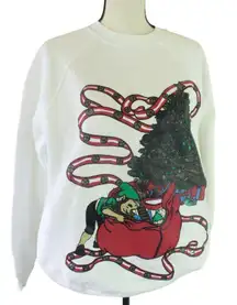 Vintage 80s 90s Christmas Screen Print Sweatshirt White Elf Tree Raglan Sleeve