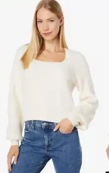 Madewell Melwood white square neck balloon sleeves coziest yarn‎ sweater minimal