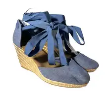 Old Navy  Womens Sz 8 Blue Chambray Espadrille Wedge Heels Shoes Ribbon Ankle Tie