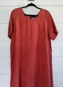 Eskandar Women’s 2 Persimmon Red Denim Coral Women’s 100% Linen Dress LagenLook