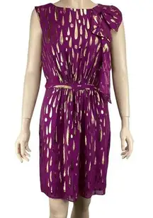 Milly  New York Dress Size 8 Purple & Gold Metallic Silk Blend W/ Bow Accent