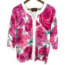 Bob Mackie Wearable Art Women's Floral Rose Print Button Up Cardigan Sweater