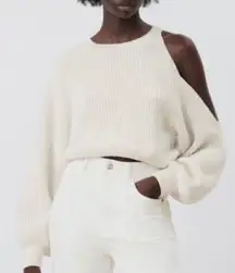 Cut Out Cold Shoulder Knit Balloon Sleeve Sweater Top Neutral Cream