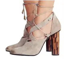 Free People Taupe Nouvella Criss‎ Cross Wrap Chunky Heel Suede Leather Sz 38/6.5