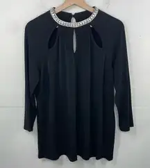 MOA MOA Black Rhinestone Neckline Blouse Cutout Neckline Glam Goth 3/4 Sleeve 1X