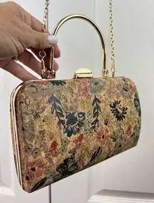 Alesia Bianchi Floral Cork Clutch/ Crossbody Purse With Gold Chain & Gold Handle