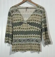 Susan Lawrence XL Top Boho Print Sweetheart Neck 3/4 Sleeve Made in USA Vintage