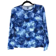 Lands End Womens Crew Neck Long Sleeve Rash Guard UPF 50 Swim Tee Blue White XS