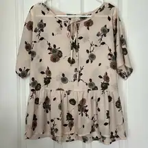 Rokoko Light Pink Floral Peplum Top with Tie Neck - Size small