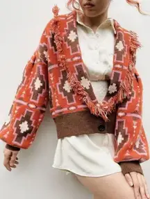 Cider SM Tassel Fringed Collar Retro V Neck Cardigan Boho Western Tribal Aztec