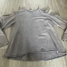 Umgee S Brown Stonewashed Open Shoulder Ruffle Sweatshirt