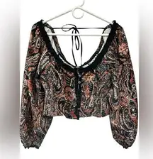 Free People Dare Me VELVET Blouse Women's Black Blouson Sleeve