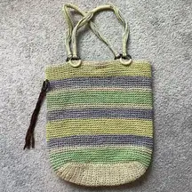 Old Navy Bohemian Vintage Raffia Straw Tote Striped Y2K 1990s Earthy Hippie Camp