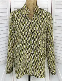 Milano Vintage Printed Button Front Blouse Black Yellow Gold Small