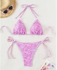 Pink Purple Floral Flowers Bikini Set Size M Triangle Top High Rise NEW