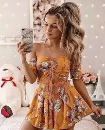 Women Yellow Floral Print High Rise Off Shoulder Smocked 2-Piece Jumpsuit Size M