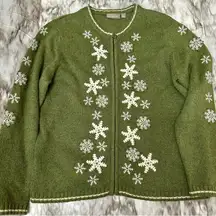 Croft & Barrow Green Snowflake Zip Up Cardigan Holiday Christmas Cozy Sweater
