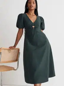 Cutout Puff Sleeve Poplin Midi Dress - Dark Palm Size 2