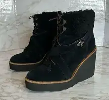 Coach  Kenna Wedge Boots Booties Suede Shearling Black Buckle Size 6 B Ankle