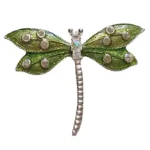 Green and Silvertone Dragonfly Brooch with Rhinestones