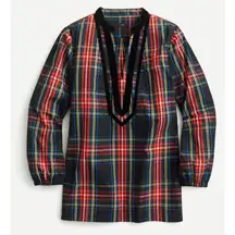 J Crew Womens Top Size XS Holiday Plaid Long Sleeve Velvet Neck Blouse 1614