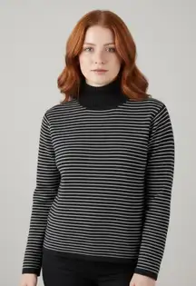 Sylviewear 100% Pure New Wool Turtleneck Sweater Black & White Stripe Size Large