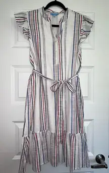 RSVP Metallic Stripe Print Sleeveless Ruffle Shift Dress Size L 