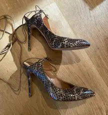 Alexa Wagner Snakeskin Open Back Ankle Strap Heels in Brown