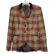 Vintage Laura Ashley brown Plaid Wool Blazer suede collar Equestrian Academia 4