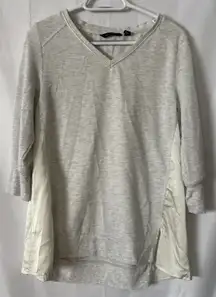 HALSTON Gray Marbled V Neck 3/4 Sleeve Sweatshirt S  High-low Hem Fabric Sides