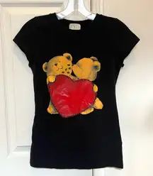 Y2k Black Baby Tee with Bear and Heart Design