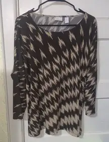 Chico’s Tan & Brown Wispy Design Round Neck Flowy Quarter Sleeve Tunic Blouse