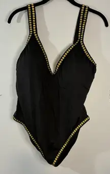 Gibson‎ Latimer Black One Piece Swimsuit Gold Trim V Neck Size L