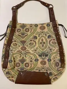 STAMP 10 Floral Canvas/Leather Large HANDBAG/TOTE/PURSE Beads Boho Coachella