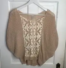 Free People Tan Cream Lace Inlay Knit Dolman Pullover Sweater W-090 Sz XS