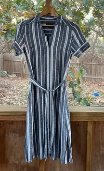 Banana Republic Women's Grey And White Striped Linen Shirtdress Size 4