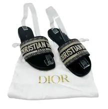 CHRISTIAN DIOR Dway Navy Blue Beige Slide Sandal Embroidered Logo EU 37 US 7