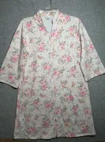 Miss Elaine Medium House Coat Robe Floral Womens Quilted Zip Pink White Womens