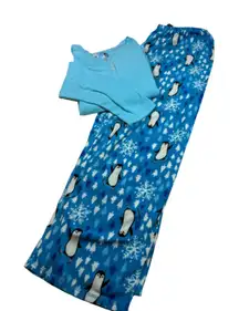 HUE Womens XL 2PC Fleece Pajama Set‎ Top and Penguin Print Bottoms Loungewear
