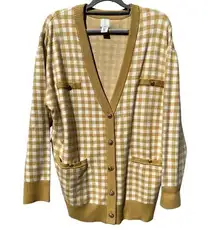 Oversized Gingham Plaid Button Front Cardigan Yellow Mustard White Sz XL