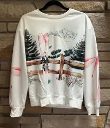 Boutique Winter Scene Ski Print Sweatshirt White Small