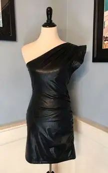 NWT Black Vegan Leather One Shoulder Asymmetrical Mini Dress Sz S
