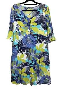 Habitat Women's Medium Floral Tunic Dress V-Neck Bright Artsy Blue Half Sleeve