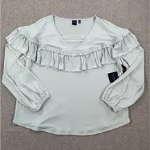 Kaari Blue Ruffle V-Neck Blouse Women's Large 3/4 Sleeve New