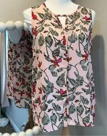 C&E sleeveless top blouse size medium light pink floral leaves little cutout