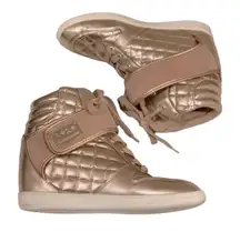 Retro Bebe Rose Gold Pink High Top Wedge Sneakers Metallic Shoes 7 80s